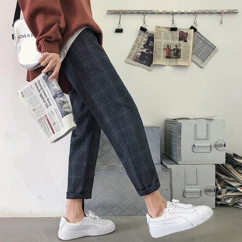 Fashion Casual Men's Cropped Trousers Spring And Autumn New M-2XL Plaid Loose Trousers Dark Gray Gray Personality Youth Popular