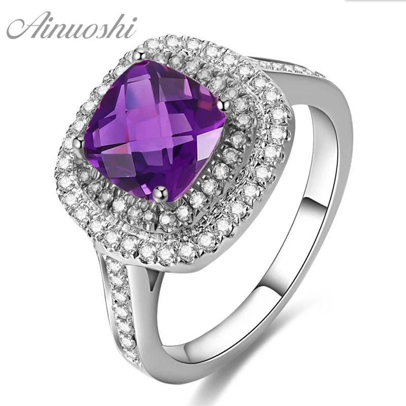 AINUOSHI Природный аметист двойной Halo Кольцо 2.5ct Подушки Огранки Драгоценных Камней Обручение вечерние Для женщин Jewelry 925 пробы серебро Square Ring AINUOSHI Природный аметист двойной Halo Кольцо 2.5ct Подушки Огранки Драгоценных Камней Обручение вечерние Для женщин Jewelry 925 пробы серебро Square Ring