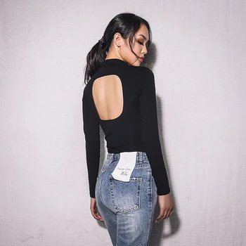 

2019New Sexy Backless Hollow Out T-shirt Tops Women Long Sleeve Solid Tight Black T-Shirts Casual Tee Shirt Femme Harajuku Shirt