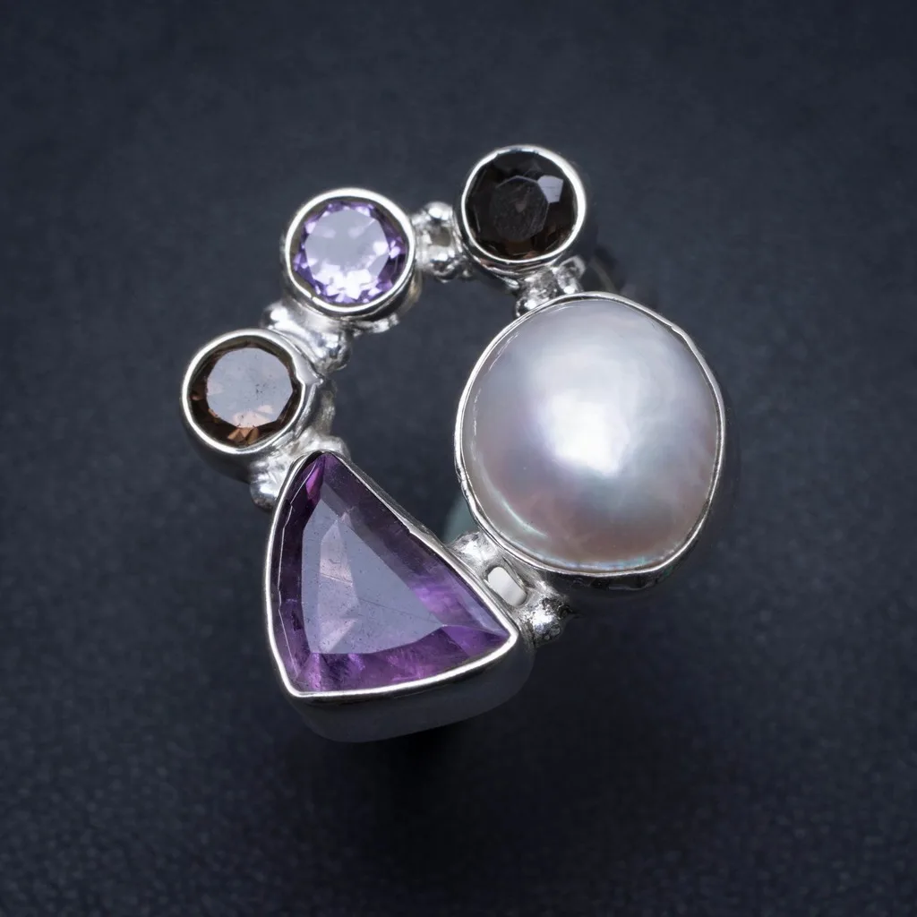 

Natural River Pearl,Amethyst and Smoky Quartz Boho 925 Sterling Silver Ring, US Size 8 S2384
