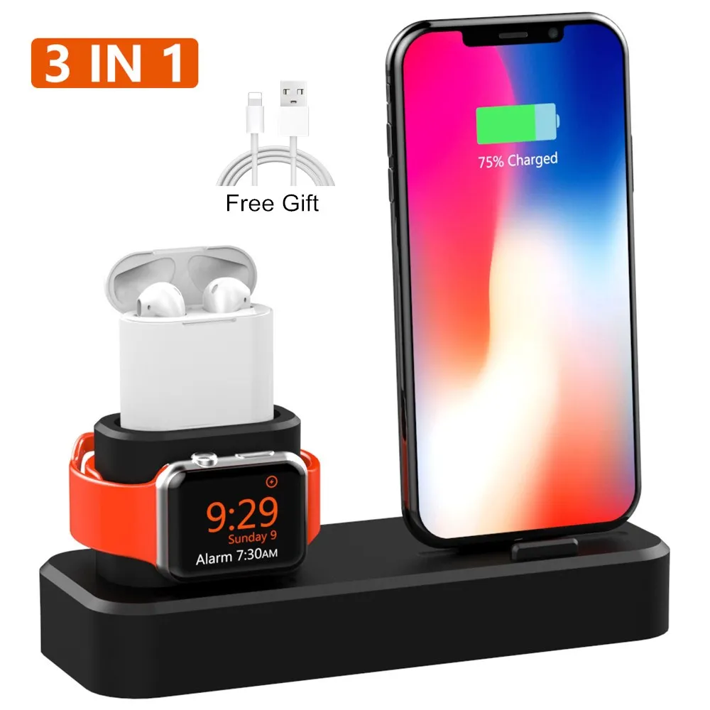 

3 in 1 Charging Dock Holder For iPhone XS XR 8 8 Plus 7 6 Silicone Charging Stand Dock Station For Apple watch 4 3 2 For Airpods
