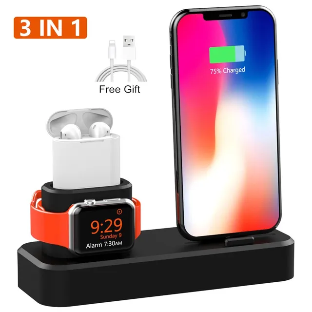 3 in 1 Charging Dock Holder For iPhone XS XR 8 8 Plus 7 6 Silicone Charging Stand Dock Station For Apple watch 4 3 2 For Airpods