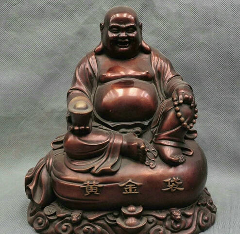 

8" China Happy Maitreya Buddha Laughing Monk Sit Gold Bag Bronze Statue Figurine R0712