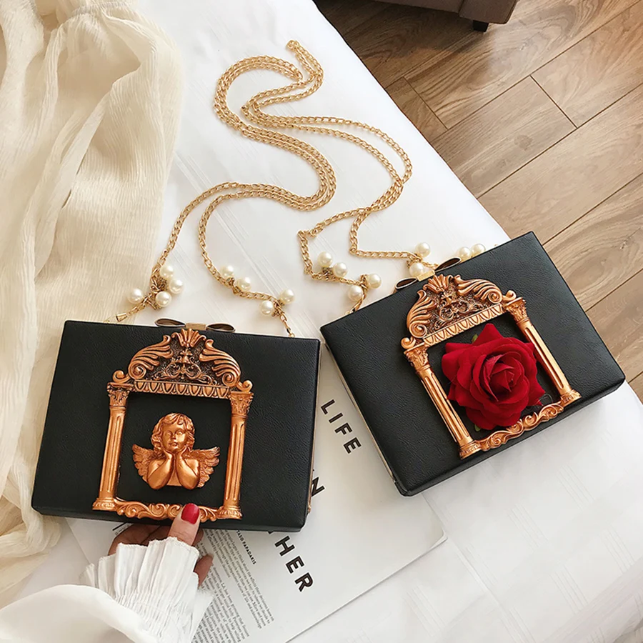 

Vintage Baroque Embossed Box Type Women's Shoulder Bags Flower Angel Women Messenger Bags Ladies PU Leather Hand Bag Woman Bolsa