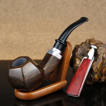 

New Hexagon Bowl Tobacco Pipe 9mm Filter Handmade Smoking Pipe with Wooden Stand Multifunction Metal Tool Ebony Wood Pipe