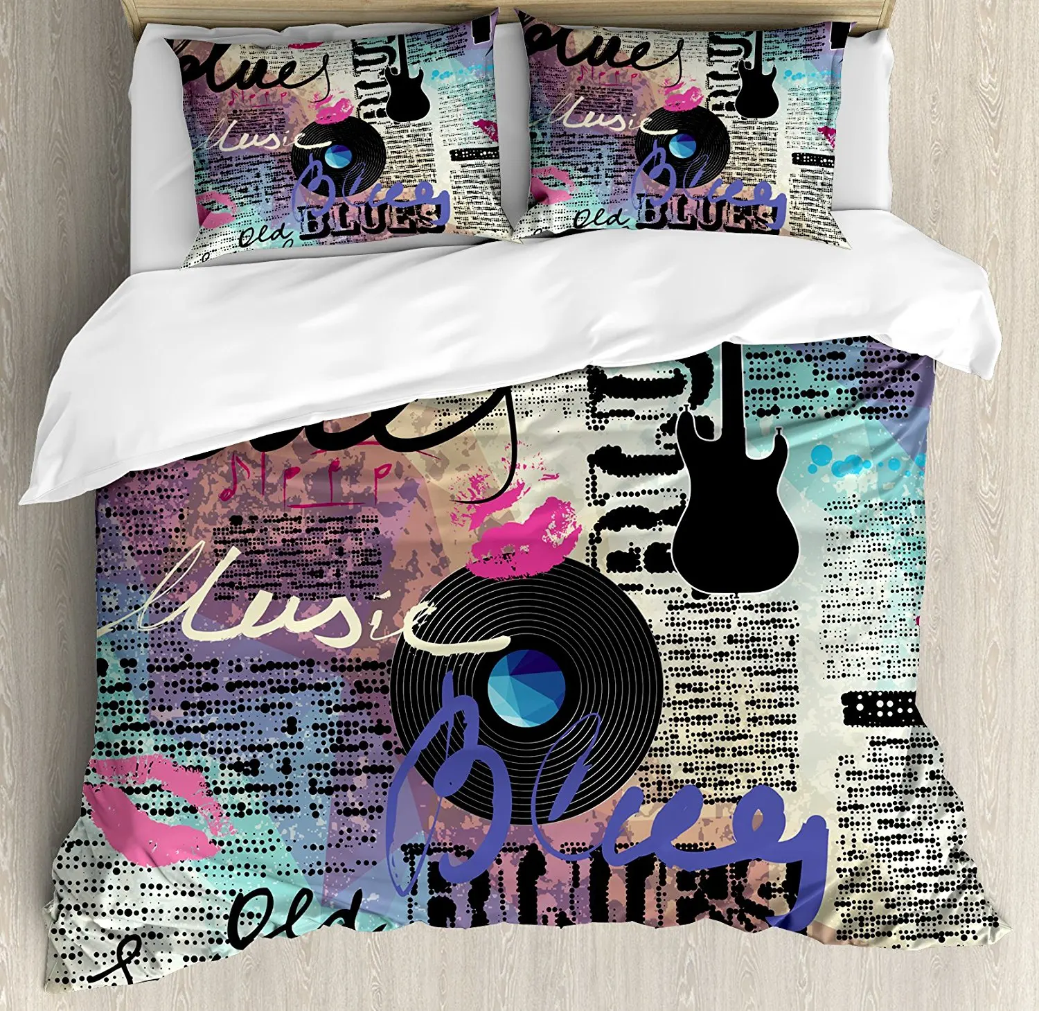 

Old Newspaper Decor Duvet Cover Set Blues Music Genre Old Record Electric Guitars Kiss Inscriptions Grunge 4 Piece Bedding Set