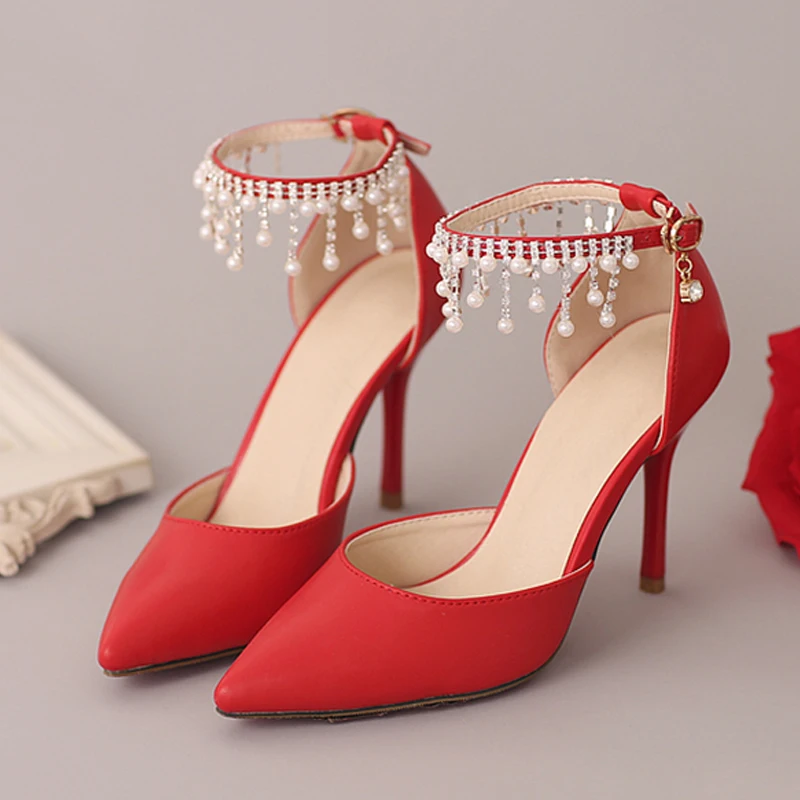 Woman Sandals Girls High Heels Buckle Ankle Strap White Pearl