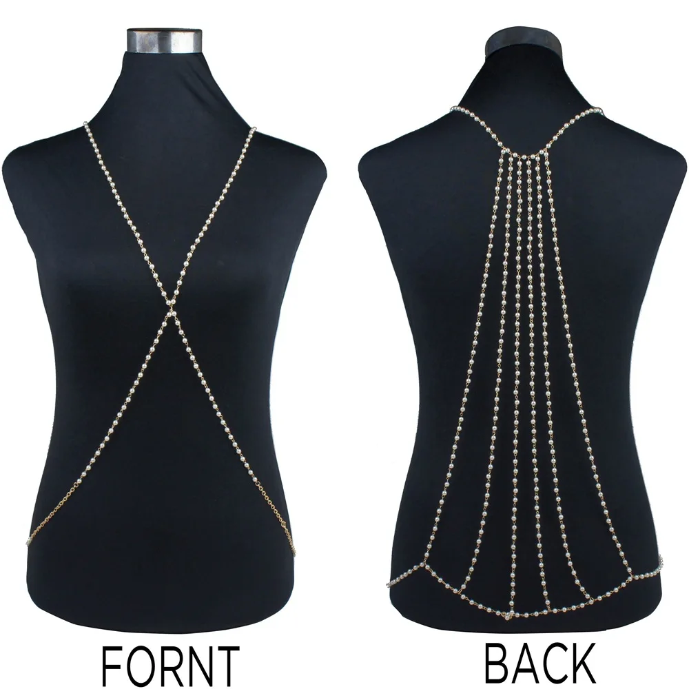  2016 New Fashion Sexy Backdrop Pearl Body Chain Necklace Back Body Chain Beach Jewelry Wedding Back