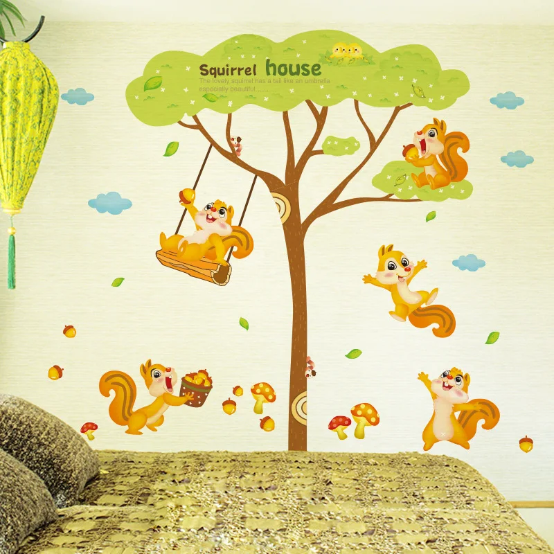 Squirrel Home Wall Decal Sticker Squirrel Playing under tree Wall Art