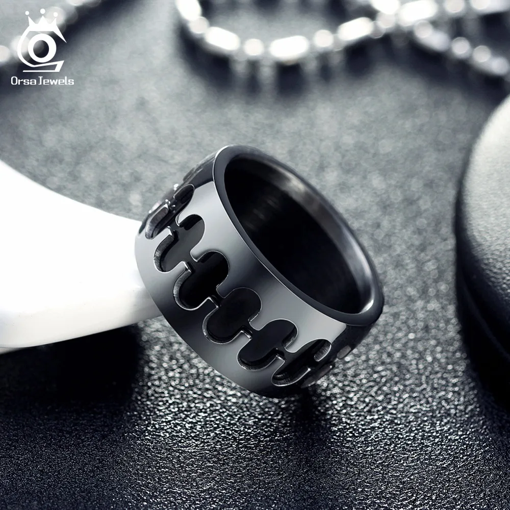 ORSA JEWELS Stainless Steel Rings For Men Personalized Design Silver Color With Black Surface Width 12MM Party Jewelry GTR33