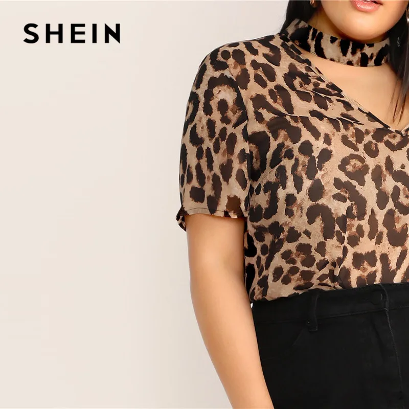 SHEIN женская блузка чокер с леопардовым принтом размера плюс Стильная летняя