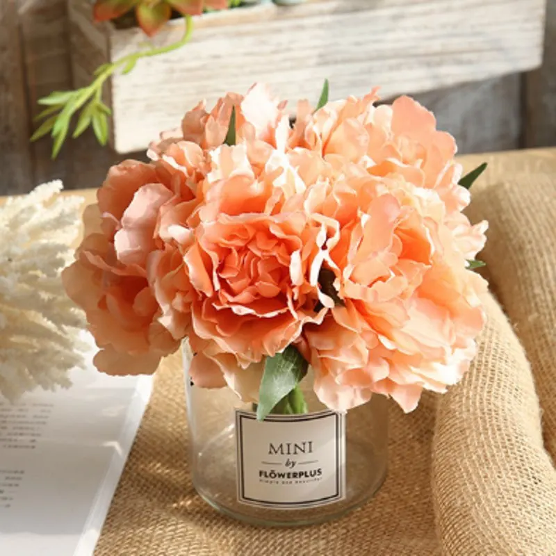 5 декоративные цветы Гортензия пион Свадебный букет Шелковый цветок для DIY украшения для домашнего праздника с зеленым листом натуральный реалистичный