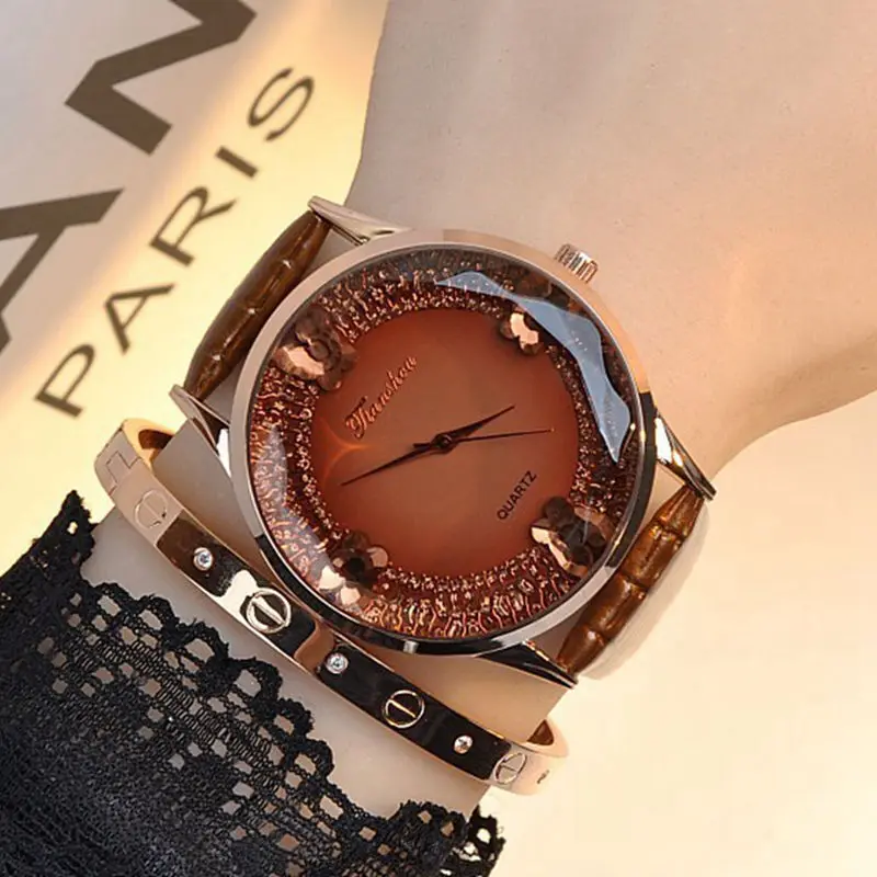 Women Quartz Watch Genuine Leather Waterproof Large Dial Butterfly Rhinestone Dress Decorative Watch Fashion Youth Brand Watch