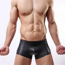 Модные однотонные черные искусственная кожа мужчины пикантные трусы-боксеры, мужские сексуальные шорты из искусственной кожи, мужские Купальники Боксеры
