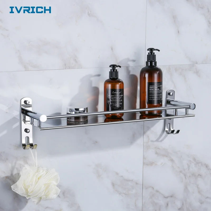 IVRICH جولة القطب الفولاذ اثنين طبقة منشفة رف العملي خطافات وعلاقات للملابس مرآة مصقول سميكة تصميم SH014 IVRICH جولة القطب الفولاذ اثنين طبقة منشفة رف العملي خطافات وعلاقات للملابس مرآة مصقول سميكة تصميم SH014