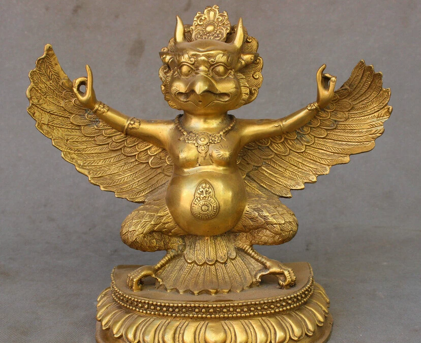 

10" Chinese Tibet Temple Buddhism Brass Garuda Winged Eagle Bird Buddha Statue