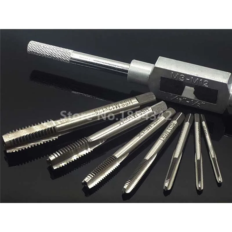 

8pcs Set Hand Screw Thread Metric Plug Tap Straight Slot Machine Tap Wrench M3-M12 With Adjustable Tap Wrench Tool Suite