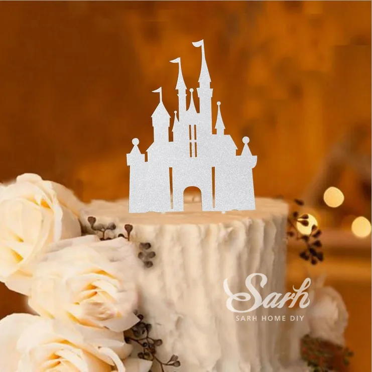 3pcs Bling Gold Sliver Romantic Princess Castle Cake Topper With