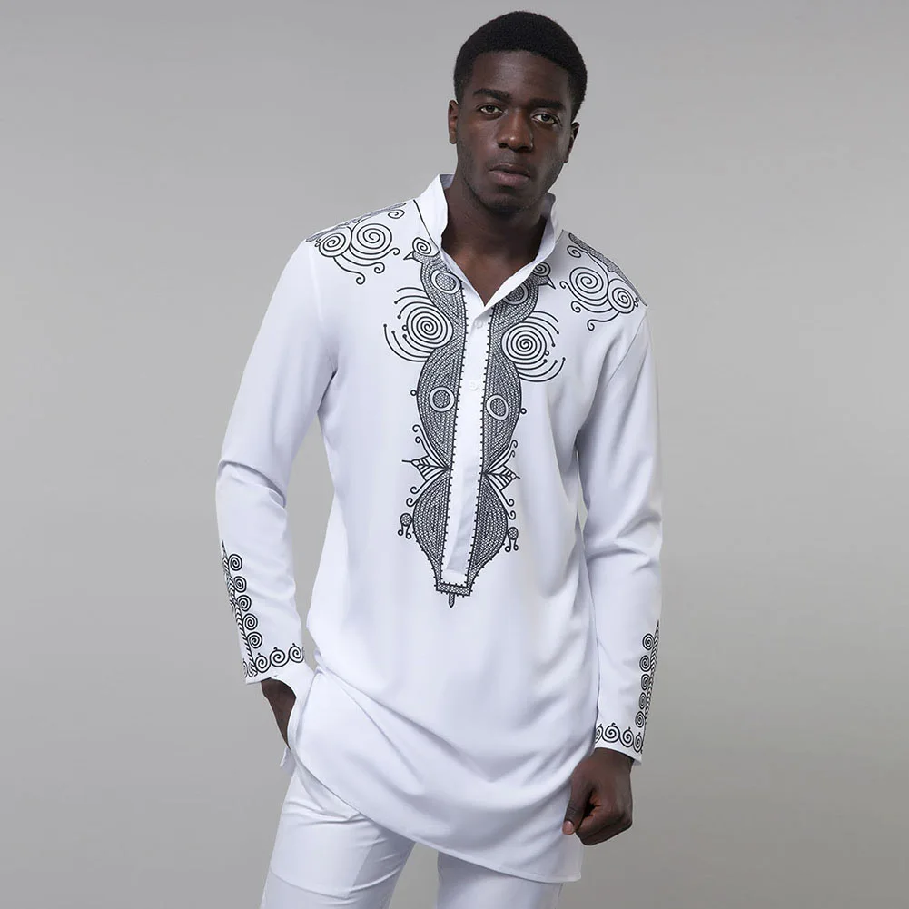 SUNGIFT Африканский Мужской Топ традиционная одежда с принтом топ с длинными рукавами Дашики стоячий воротник Мужская рубашка африканская мужская одежда