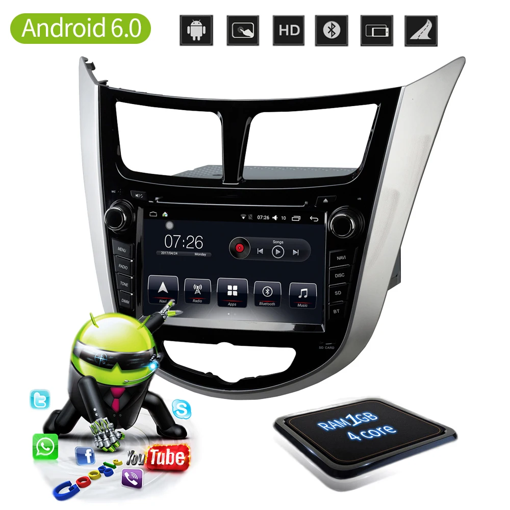 

D-NOBLE 2G+16G Android 7.1 Car DVD Player 7inch 2 din Wifi Bt FM Car Radio Stereo GPS Navigation for Hyundai Solaris Verna