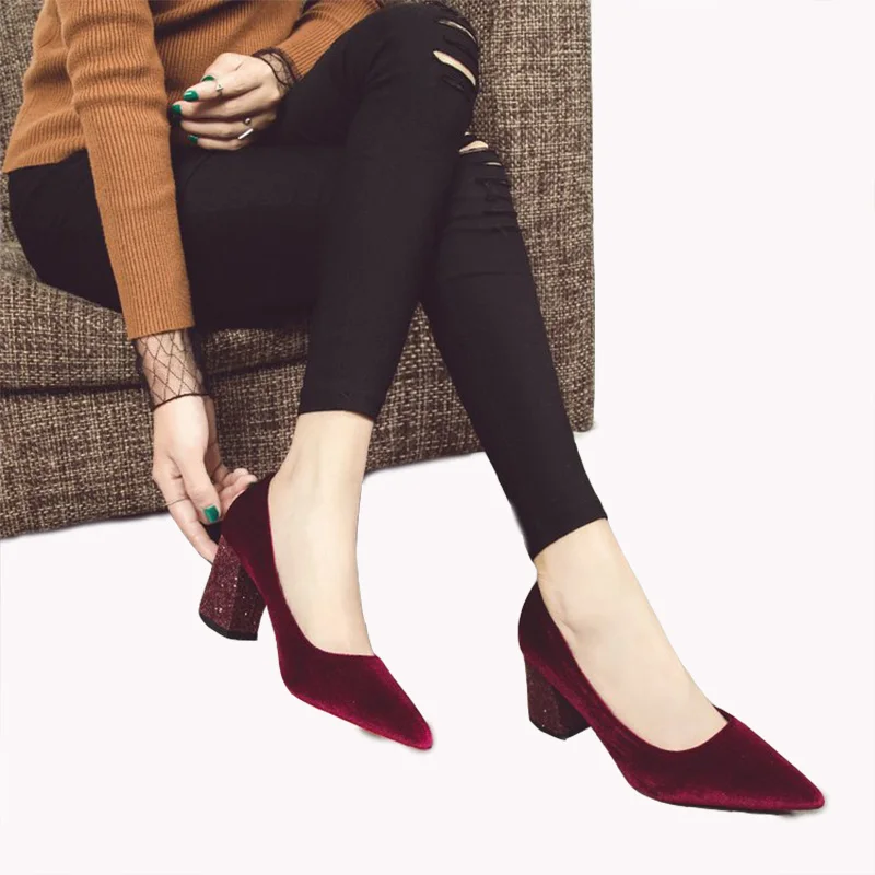 

Free shipping 2018 spring and autumn suede shoes Women Pumps Pointed thick heels temperament elegant rhinestone women's shoes