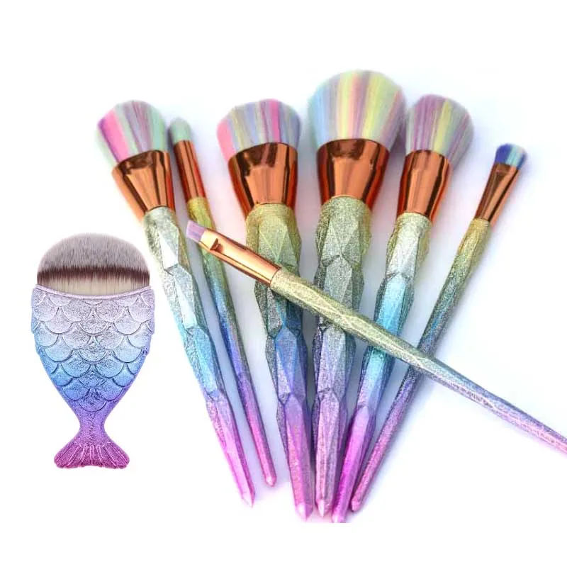 

AiceBeu 7/10Pcs Diamond Rainbow Makeup Brush Set Mermaid Fishtail Shaped Foundation Powder Cosmetics Brushes