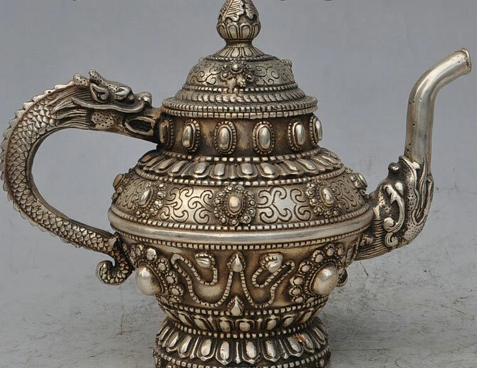 

song voge gem S3376 9" Chinese Silver Dragon Head Statue Buddhist Globule Flagon Teapot Wine Pot