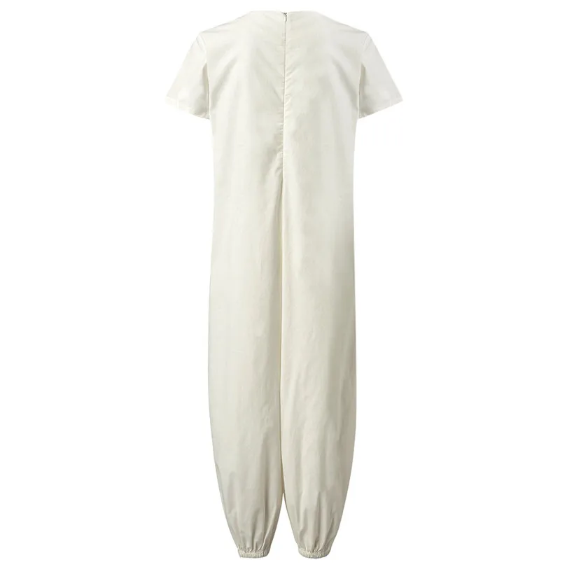 New Women Summer Casual O-Neckline Solid Romper Short Sleeve Zipper Loose Jumpsuit Elegant Beach Holiday Dropshipping #4A29 (7)