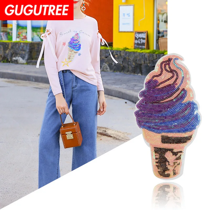 

GUGUTREE embroidery Sequins big ice-cream patches foods patches badges applique patches for clothing XC-378