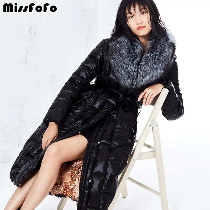 MissFoFo, модный пуховик, Женское пальто, Воротник из меха серебристой лисы, карман на молнии, теплый, высокое качество, черный цвет, размер s-xl