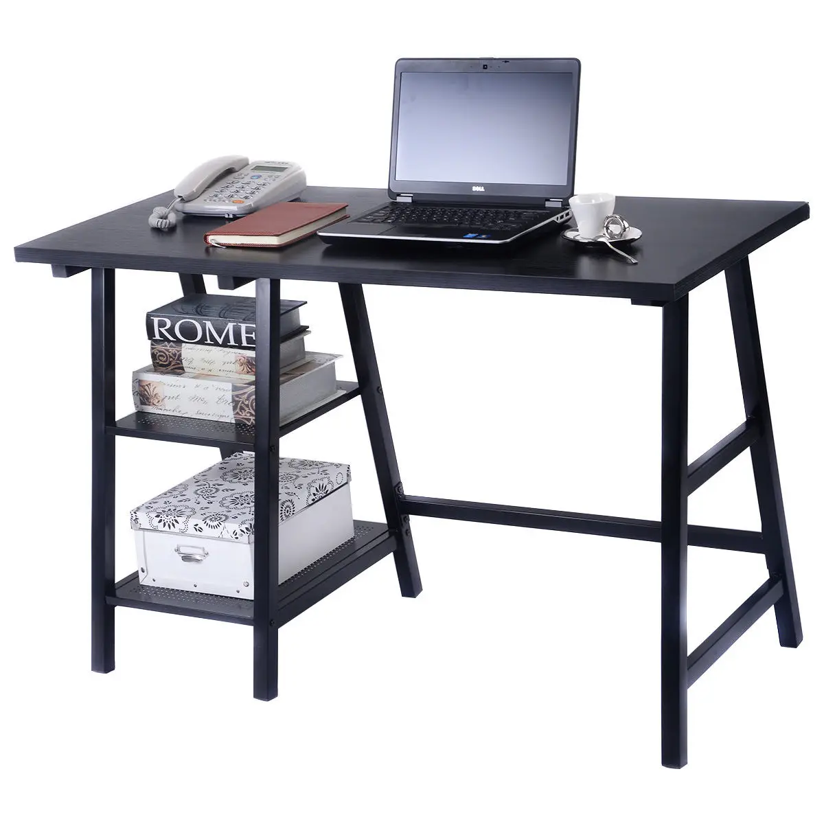 Giantex الحديثة الركائز مكتب الخشب محمول طاولة كتابة مع رفوف التخزين المنزل مكتب الأثاث الكمبيوتر مكتب HW51778BK
