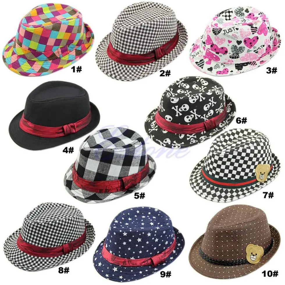 

9 Styles Kid Boy Girl Fashion Flat Top Fedora Cap Sun Hat Blues Jazz Dance