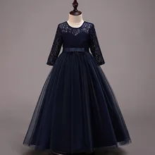 Тюль с длинным рукавом для девочек-подростков, кружевное платье для свадьбы, дня рождения, вечерние платья с v-образным вырезом на спине для девочек 6, 8, 10, 12, 14, 16 лет