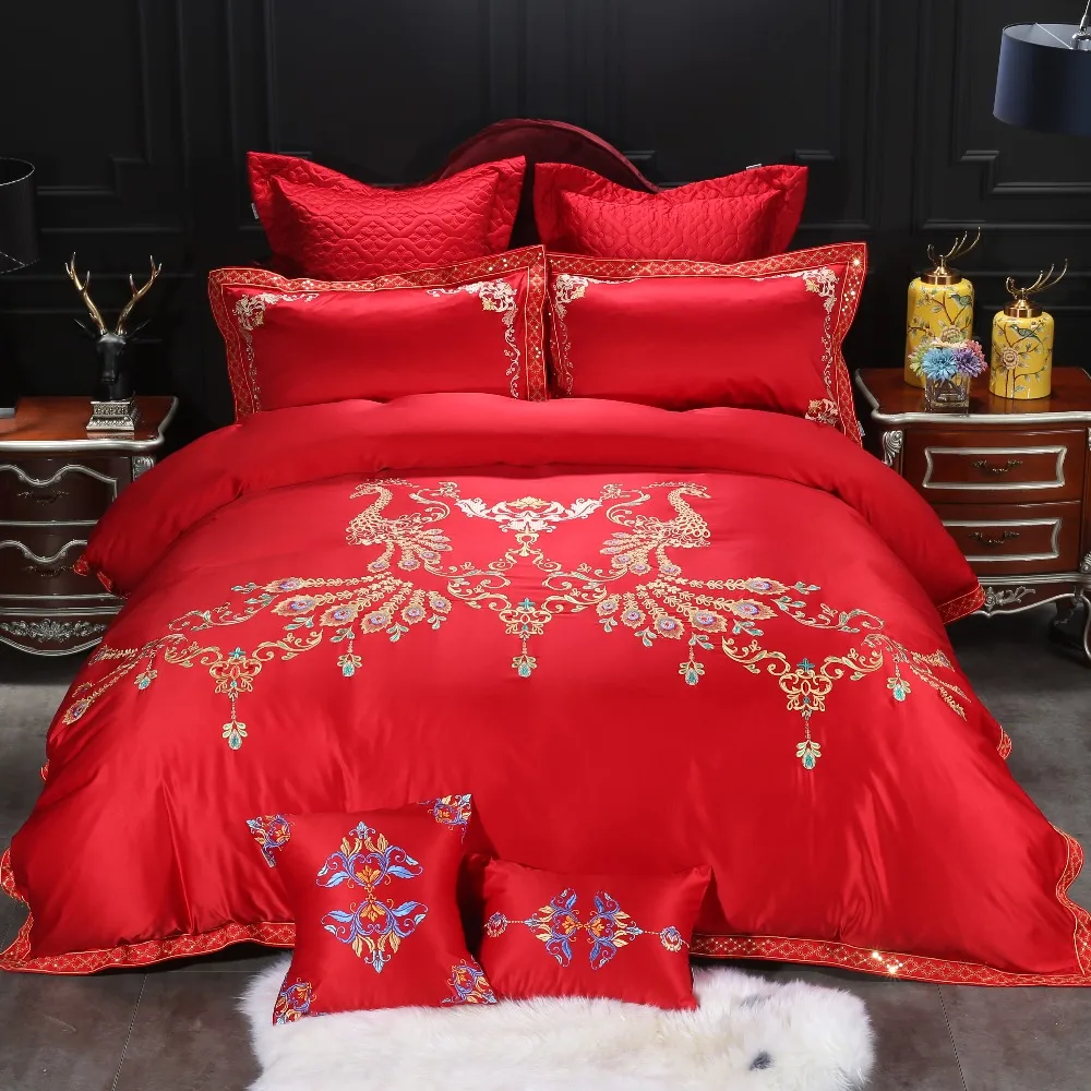 

Wedding bedding set King Queen size Embroidery Peacock super soft bedclothes red Duvet Cover sheets pillowcase 4/7pcs Linens