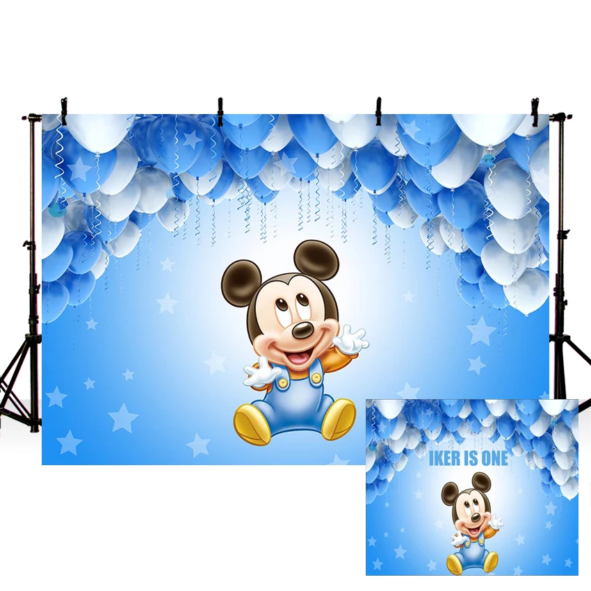 

Vinyl Photography Backdrops Sky Blue Balloon Cartoon Mickey Photo Background Custom Children Birthday Party Backdrop Photocall