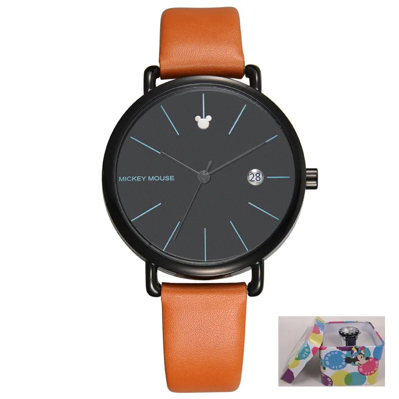 Disney бренд новые детские часы мужские часы модные крутые простые наручные часы для мальчиков и девочек любителей Микки Маус подарок кожаные часы - Цвет: BRWON-big   BOX GIFT