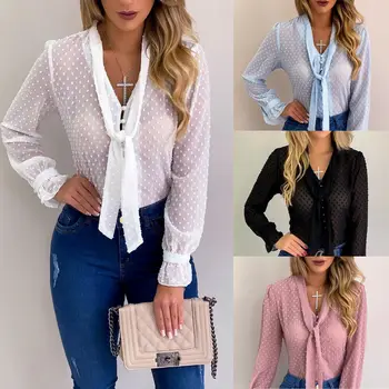 

Fashion Elegant Women Summer Office Lace Top Solid Long Sleeve Loose Ruffles Bow Knot Chiffon Shirt Blouse