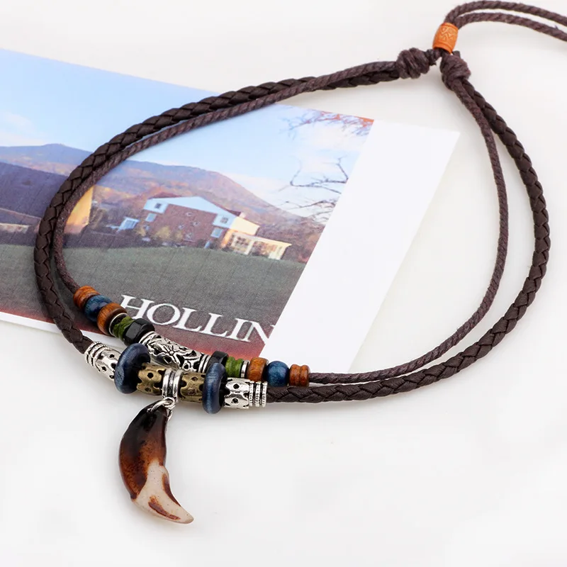 Vintage Tribal Boheme Wolf Tooth Necklace Braided Leather Rope Multi Layer Tibetan Beads Neckless Bohemian Jewelry LN066