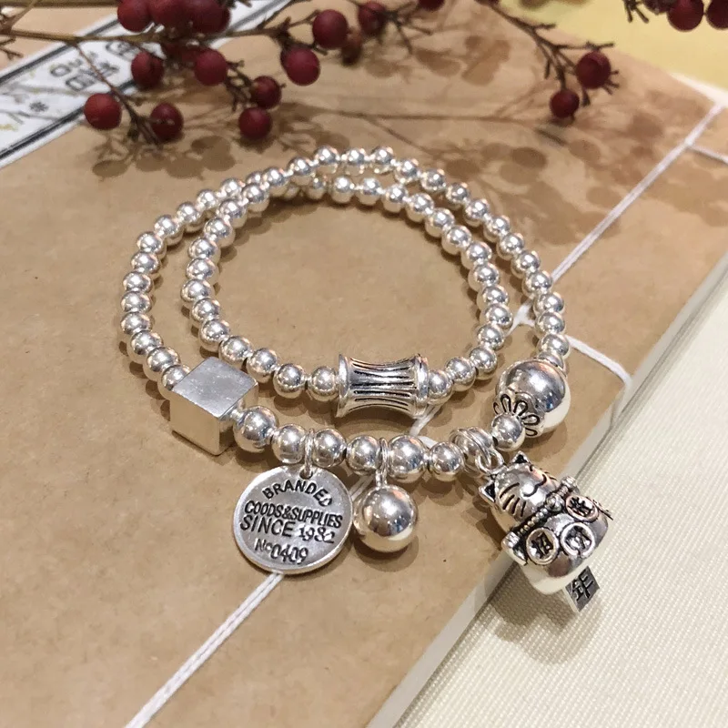 

S925 Purea silver bracelet female retro handmade Thai silver lucky cat round card multi-circle silver beads fashion