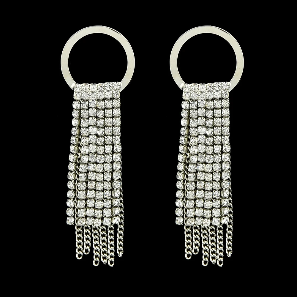 Silver Color Statement Earrings with Full Rhinestone Circle Long Chain Tassel Drop Luxury Brand Women Jewelry Bijoux | Украшения и