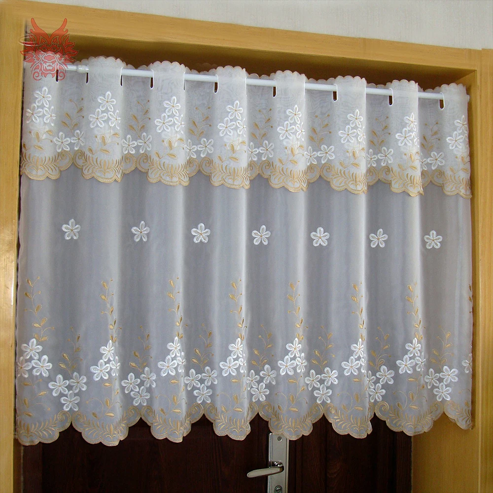 

cortina pastoral gold white floral embroidery lace half-curtain bay window curtain tulle rideaux gardinen SP4223 Free shipping