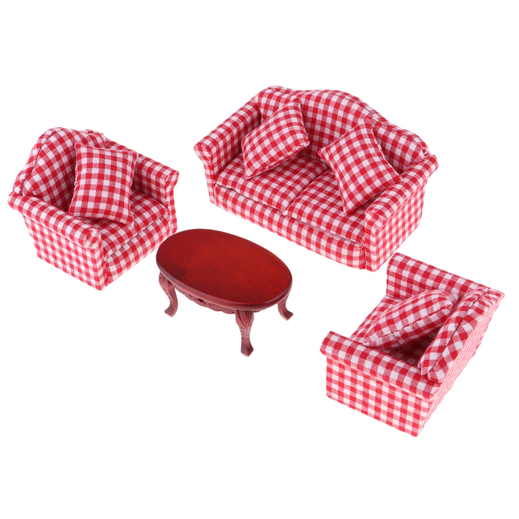 1/12 Dollhouse Miniature Living Room Furniture Decor Red Plaid Sofa Couch & Oval Tea Table Set Kids Pretend Play Toy