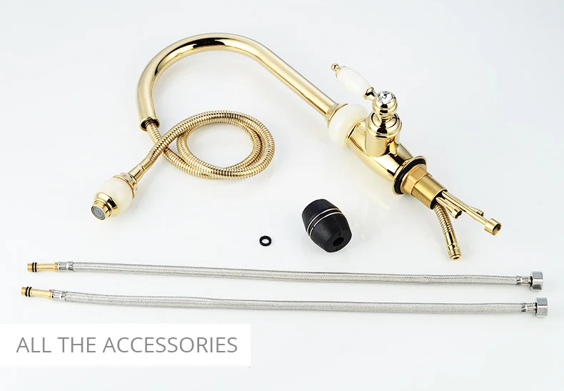 Fapully Gold Kitchen Mixer Pull Out Spray Head Faucet Jade Crystal Handle Deck Mounted Kitchen Taps Brass Sink Body Mixer 549-33