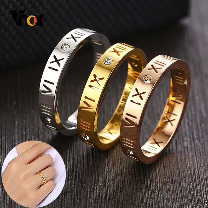 

Vnox 3mm Hollow Roman Numeral Rings for Women Stainless Steel with Cubic Zirconia Band Elegant Party Engagement Rings