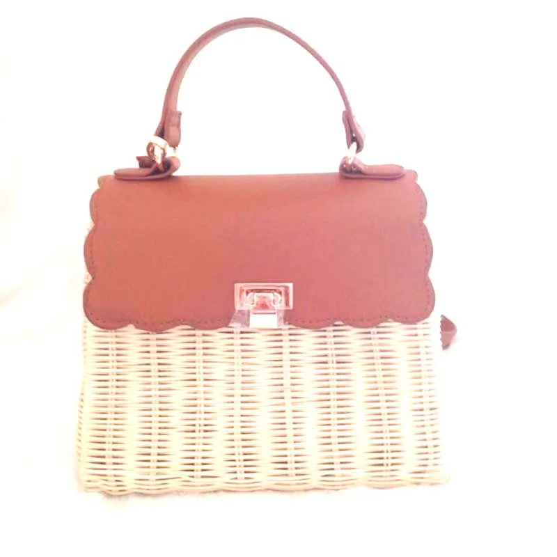 

2019 summer Women's portable diagonal handbag luxury rattan leather lock stitching handmade rattan woven beach bag sac main