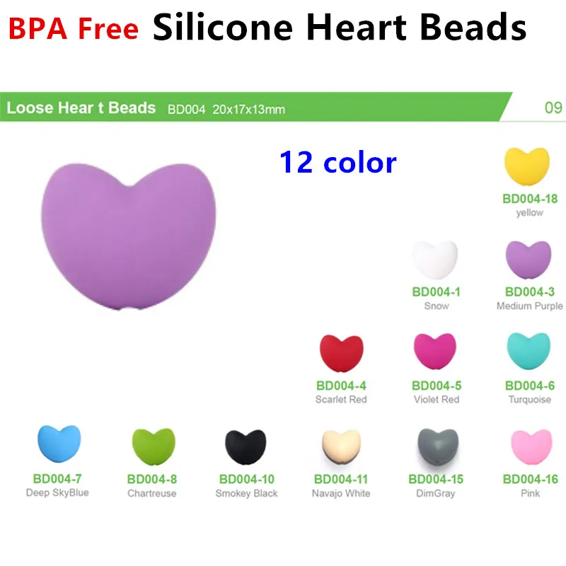 

50pcs/lot BPA Free Loose Silicone Heart Beads Food Grade Teething Beads For DIY Silicone Baby Pacifier Teether Necklaces