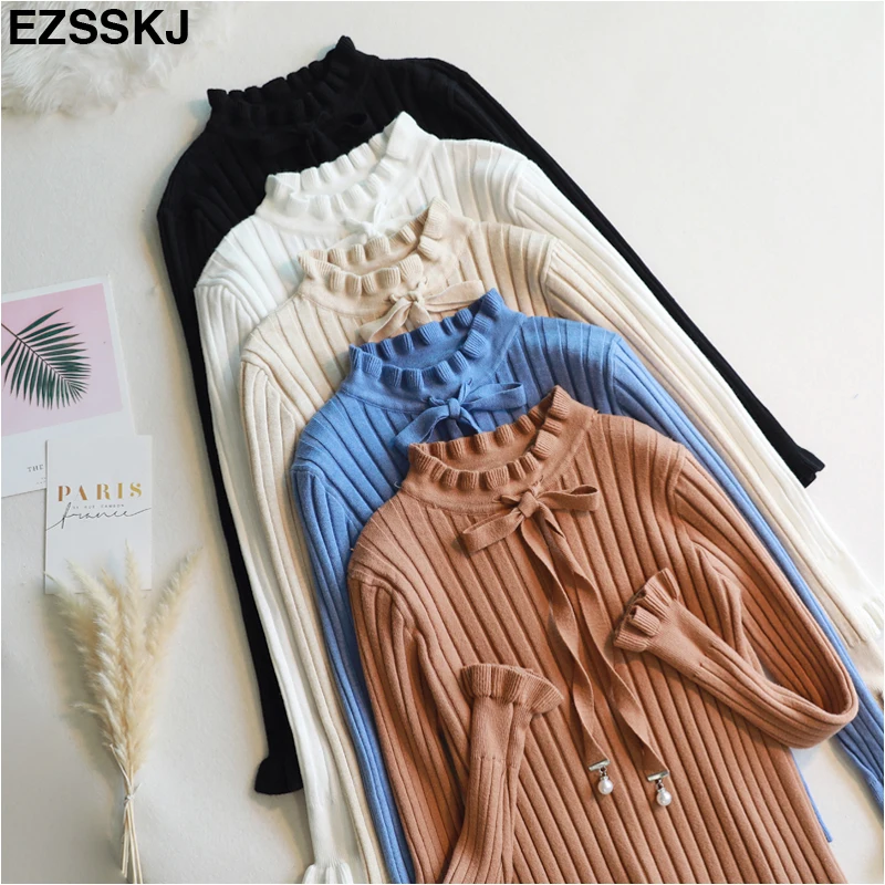 2018-NEW-vintage-thick-Autumn-Winter-Sweater-pullovers-Women-ruffled-collar-Long-Sleeve-bow-sweater-female