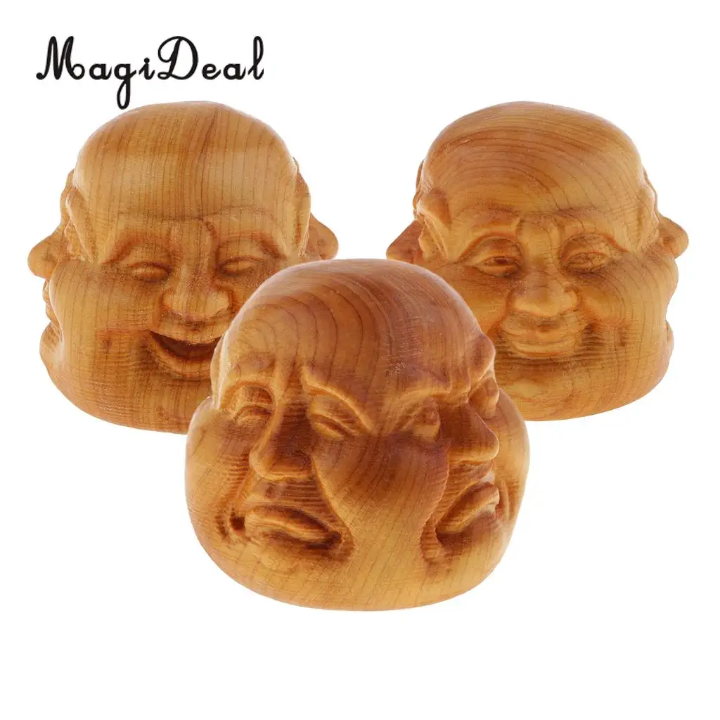 3pcs Hand Carved Wooden Ornament Buddha Statue Home Office Sculptures