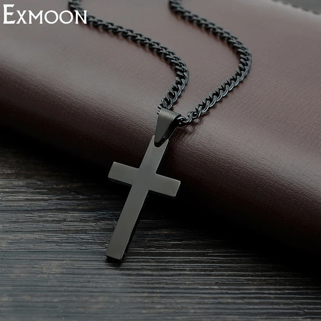 Male Black Cross Necklace Men Titanium Stainless Steel Chain Link