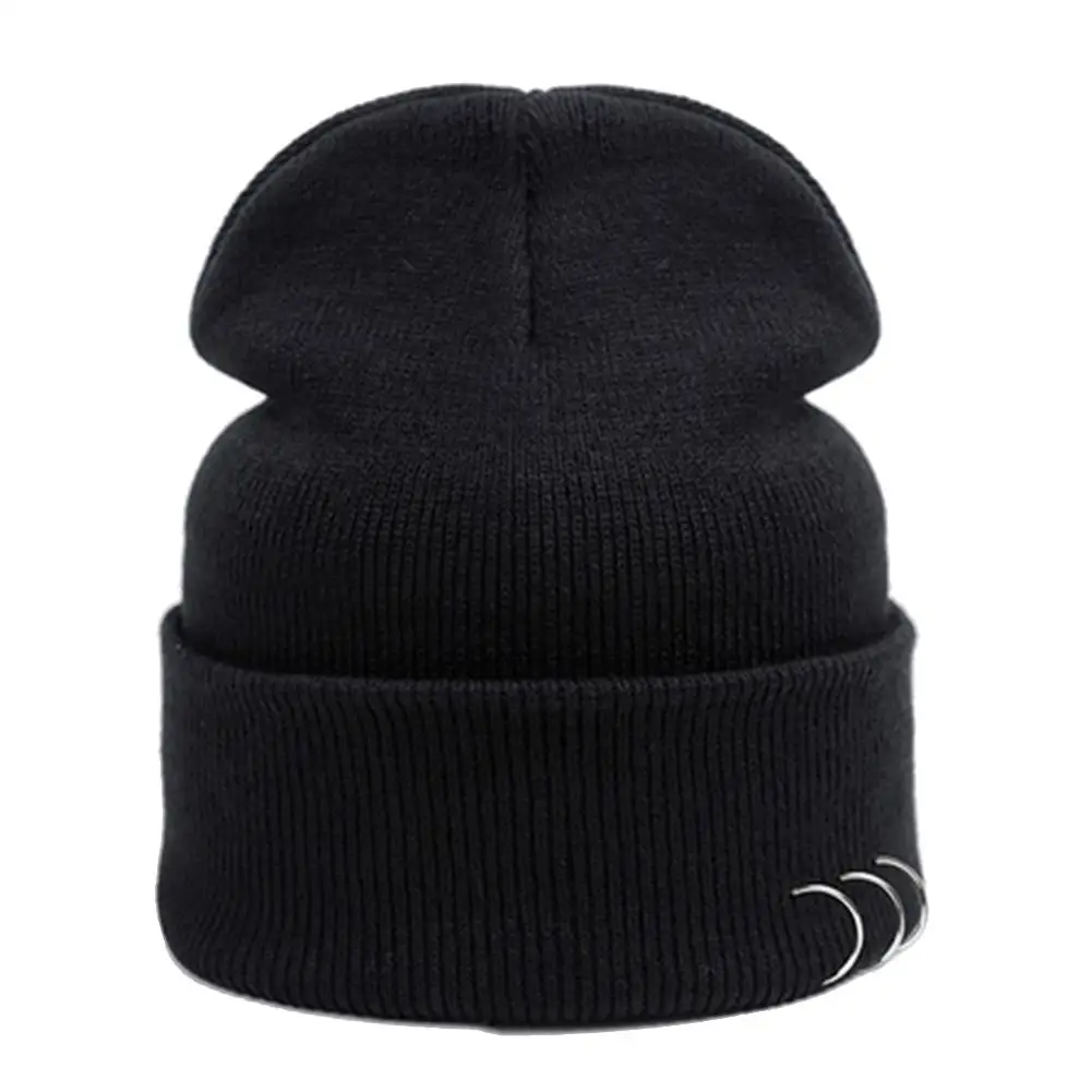 

Fashion Women Solid Color Iron Ring Winter Warm Beanie Skull Cap Knitted Hat